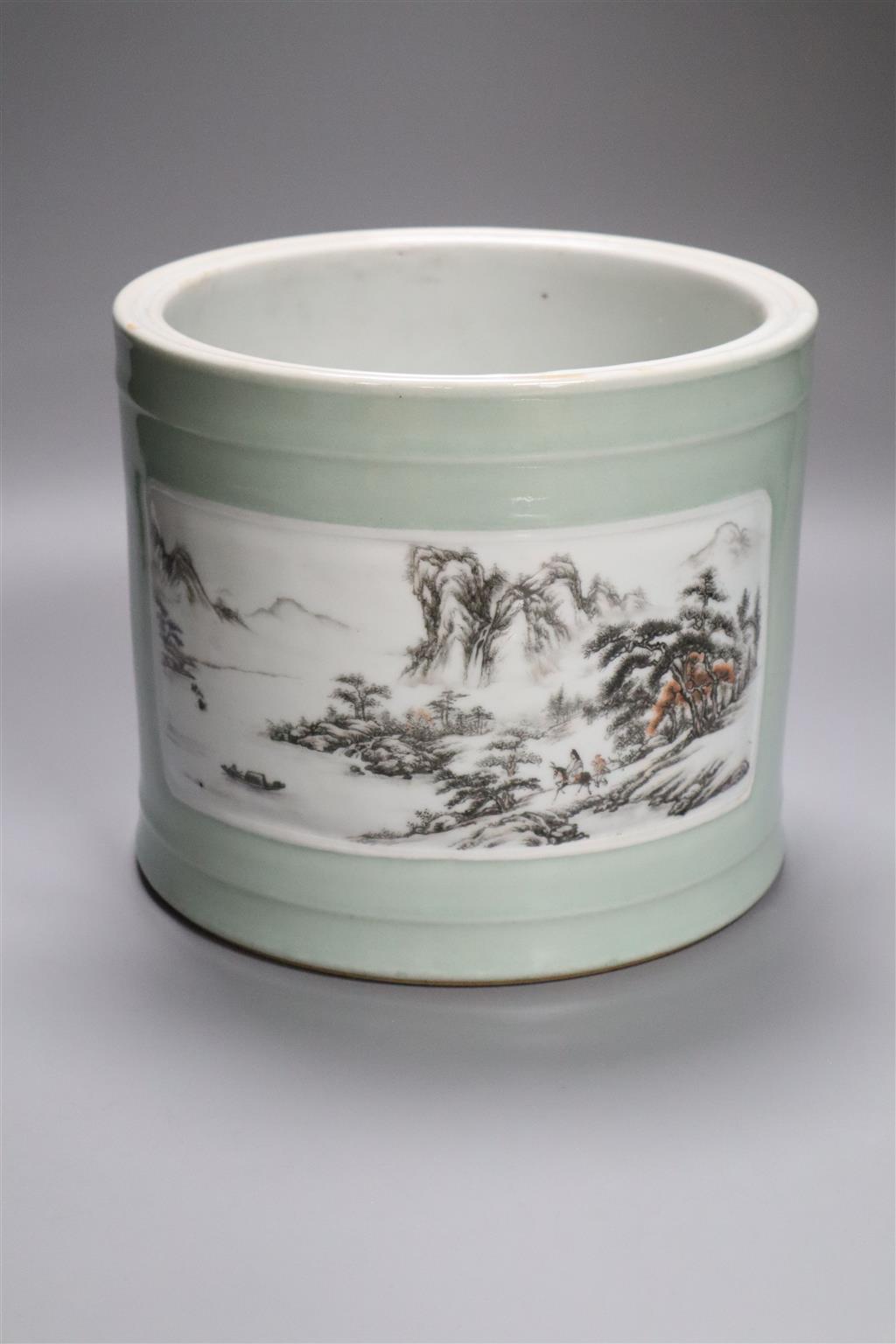 A large Chinese cylindrical celadon glazed brush pot, 18cm high